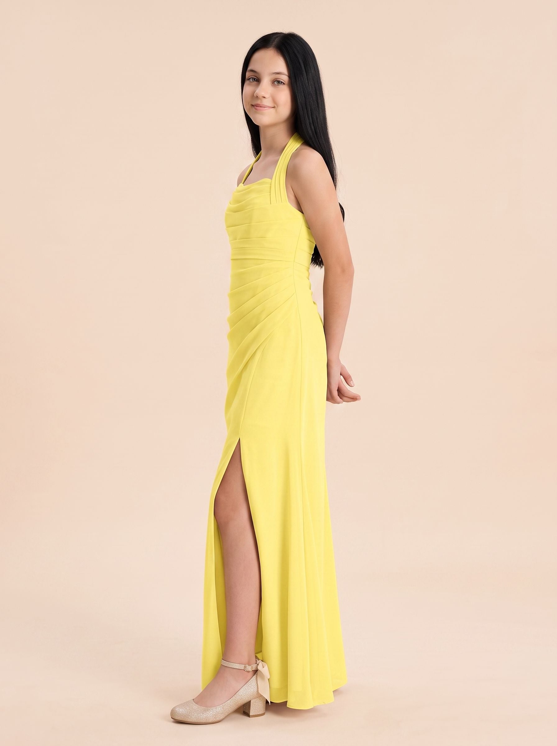 Lemon Chiffon Sheath Halter neckline Back Zip Floor-Length Dress with Pleating