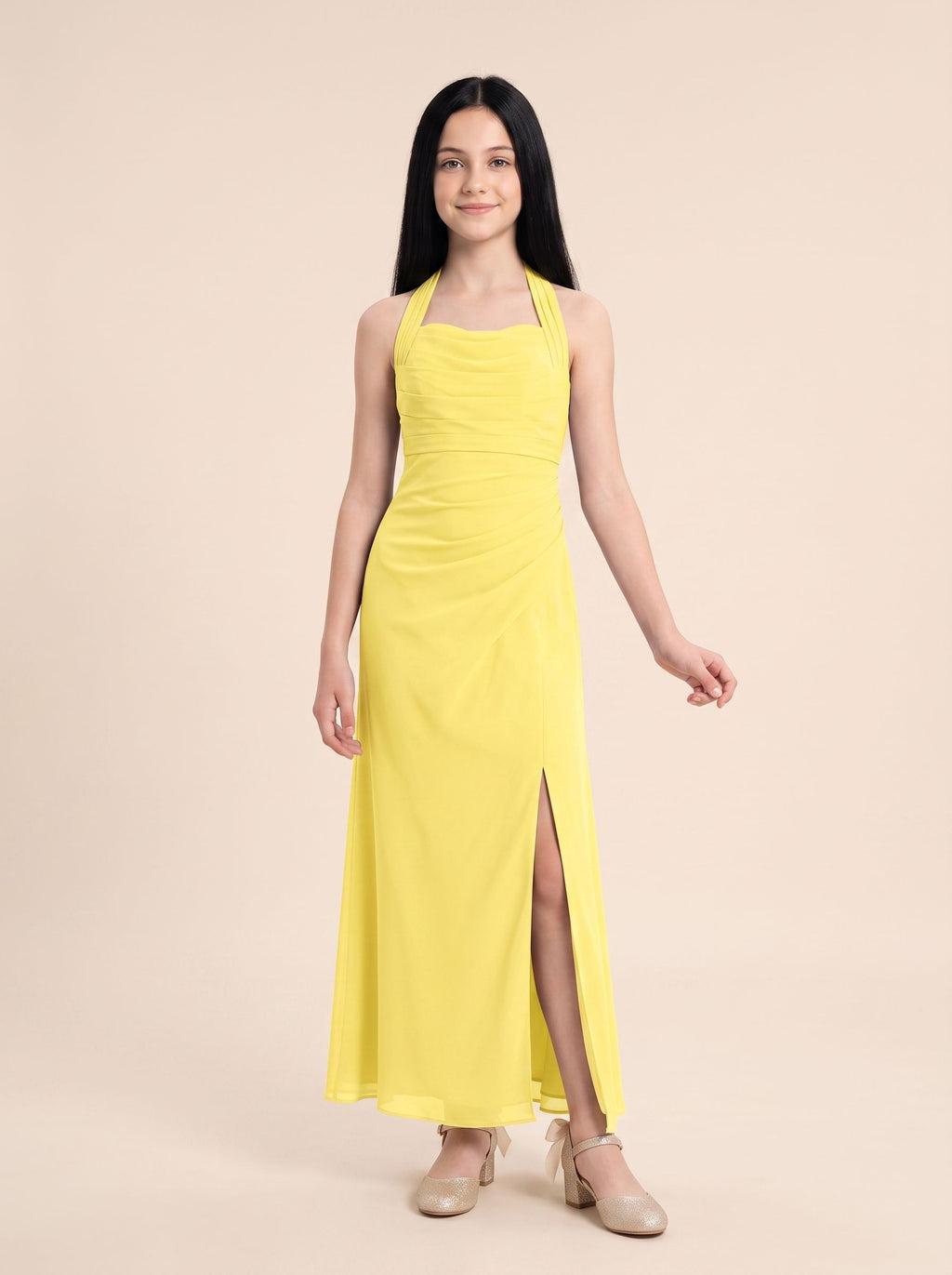 Lemon Chiffon Sheath Halter neckline Back Zip Floor-Length Dress with Pleating
