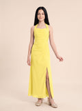 Lemon Chiffon Sheath Halter neckline Back Zip Floor-Length Dress with Pleating
