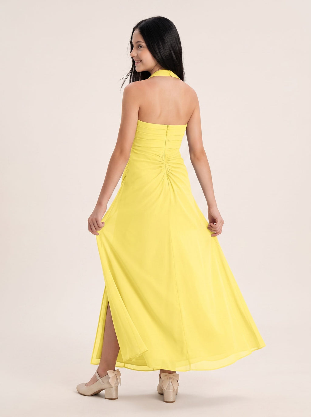 Lemon Chiffon Sheath Halter neckline Back Zip Floor-Length Dress with Pleating