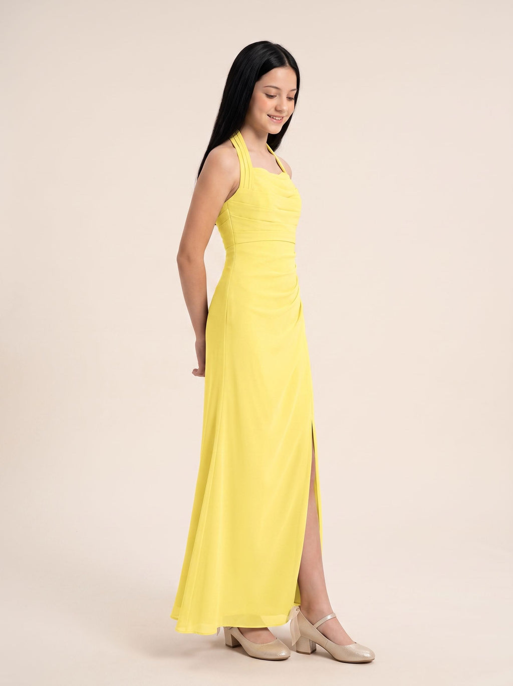 Lemon Chiffon Sheath Halter neckline Back Zip Floor-Length Dress with Pleating