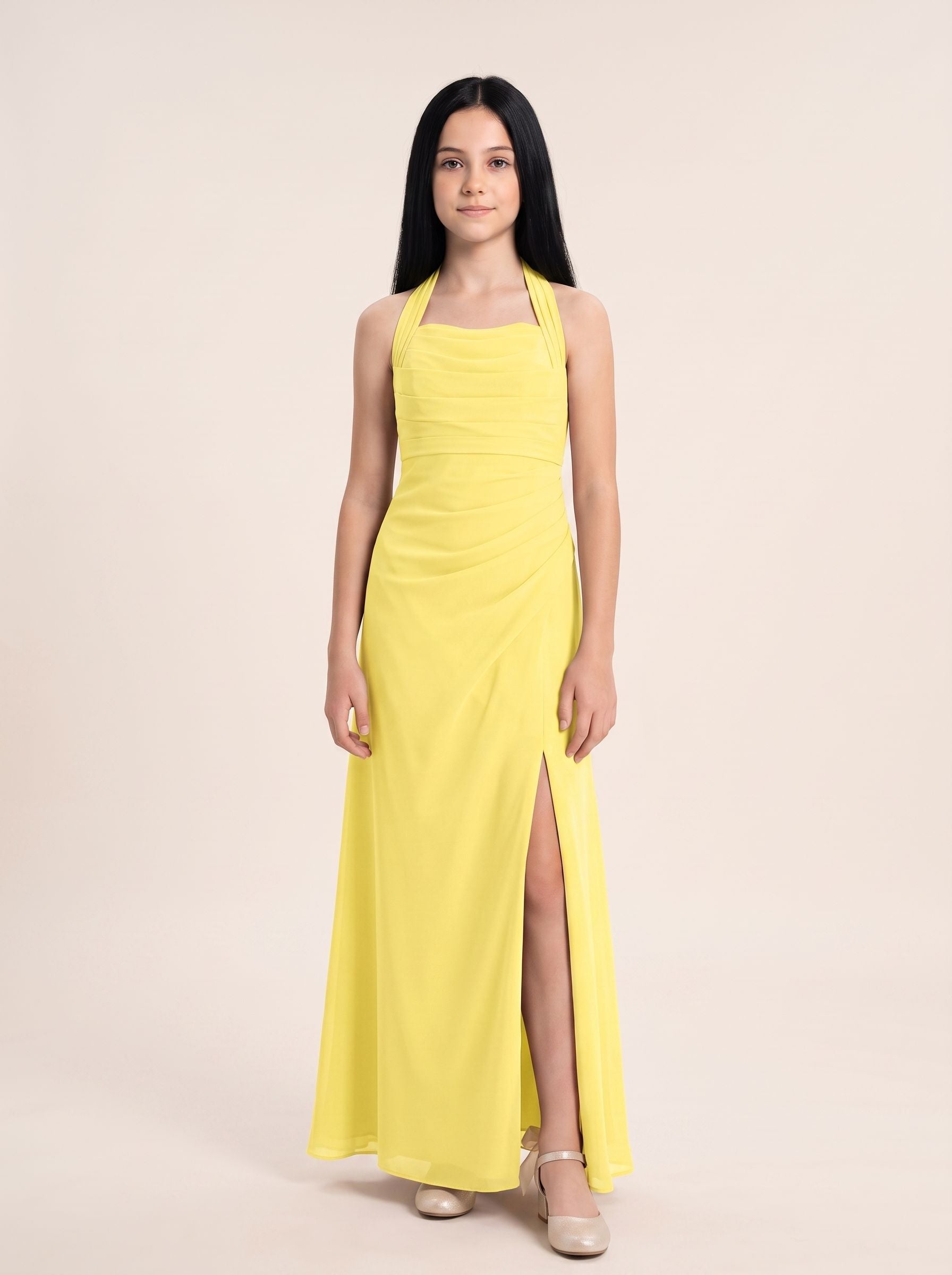 Lemon Chiffon Sheath Halter neckline Back Zip Floor-Length Dress with Pleating