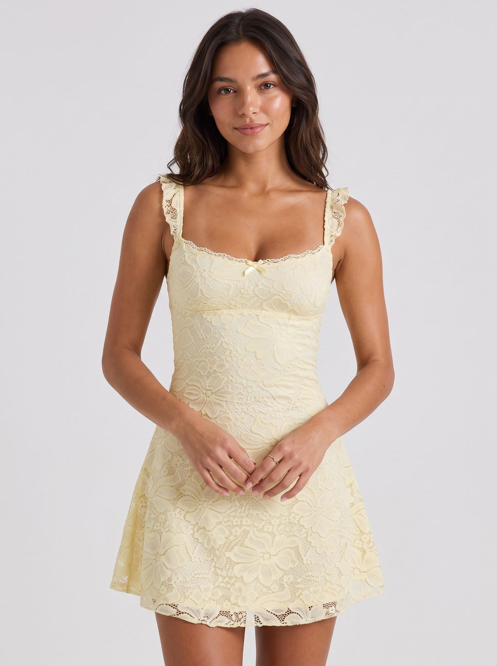 Daffodil Lace A-Line Scoop Neck Bow Short Dress with Ruffles