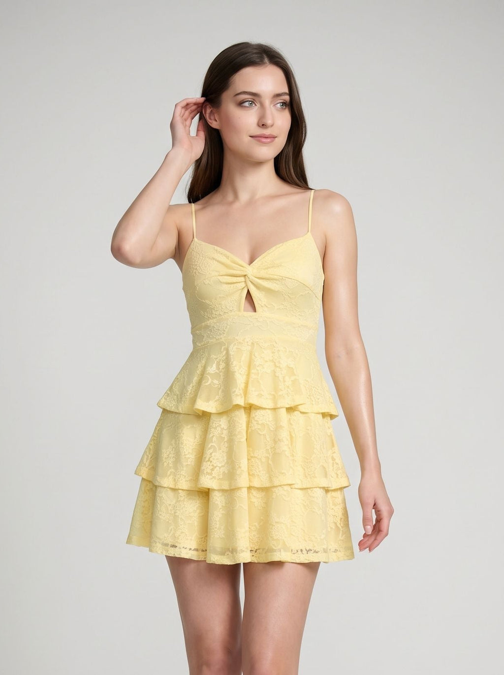 Daffodil Lace A-Line Sweetheart Back Zip Short Dress with Ruffle Tiers