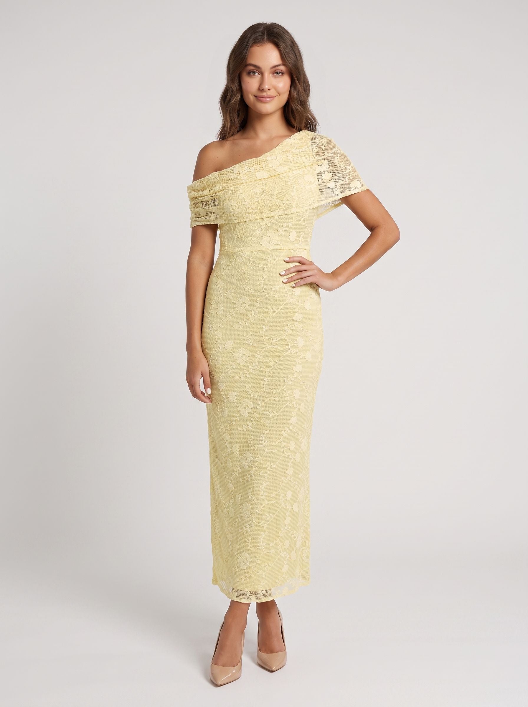 Lemon Lace Sheath One Shoulder Side Zip Floor-Length Dress with Lace Overlay