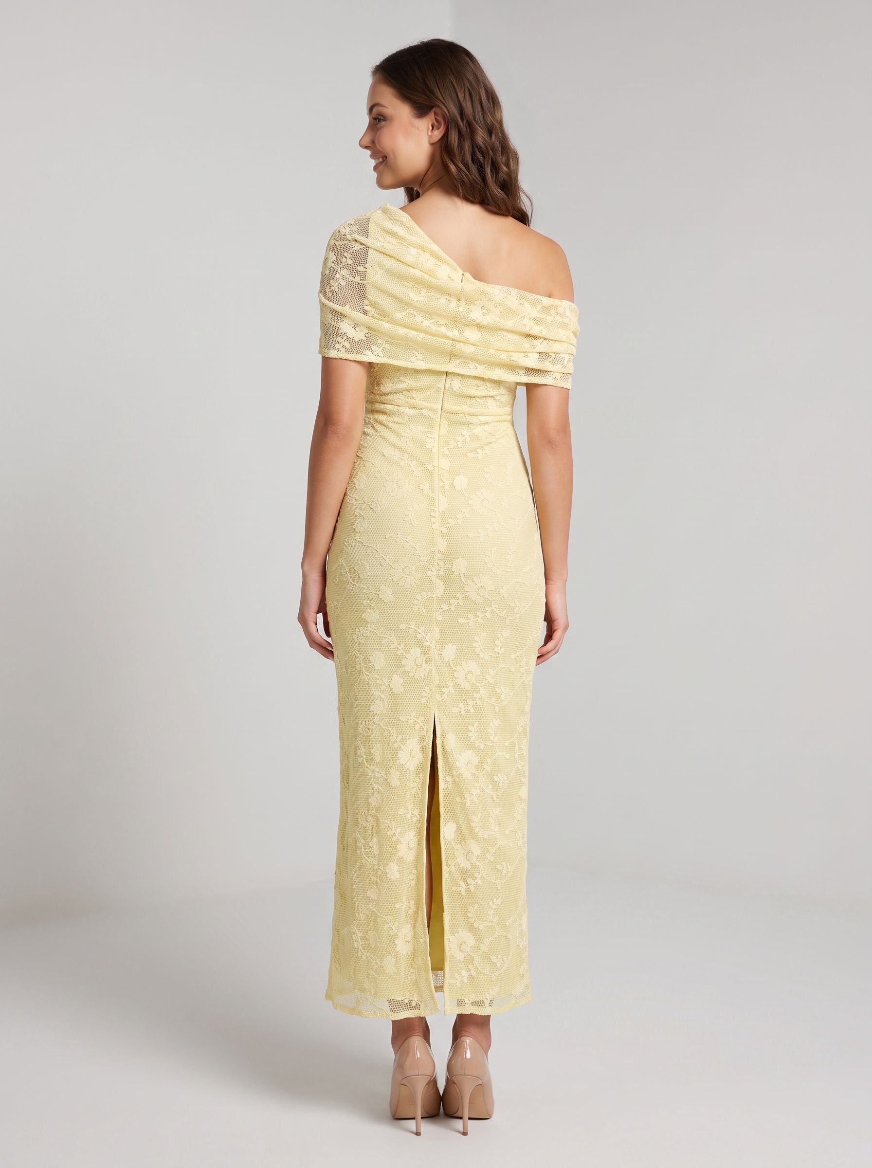 Lemon Lace Sheath One Shoulder Side Zip Floor-Length Dress with Lace Overlay