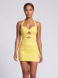 Lemon Mesh Column Halter neckline Lace-up Short Dress with Cutout Beading