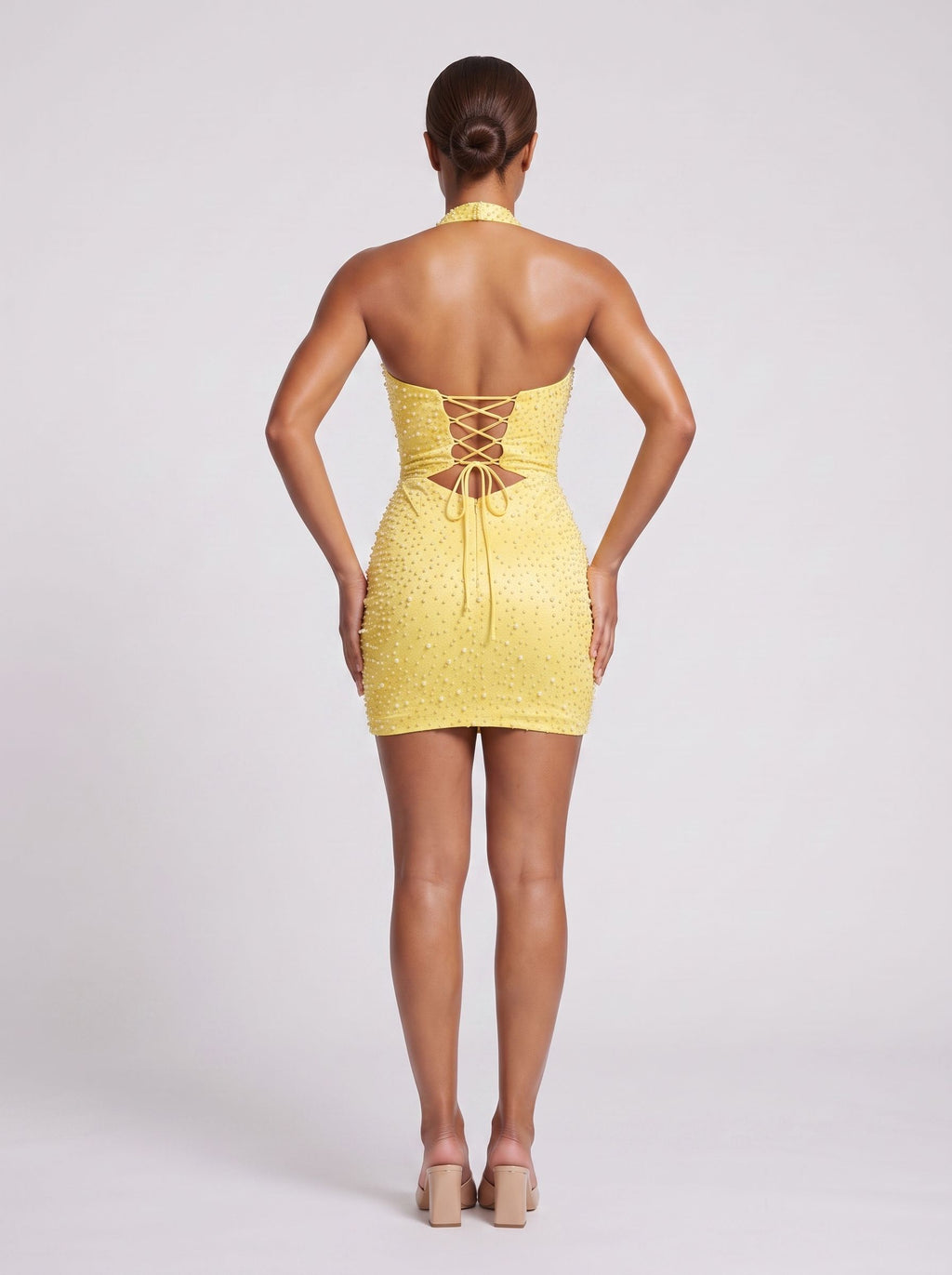 Lemon Mesh Column Halter neckline Lace-up Short Dress with Cutout Beading