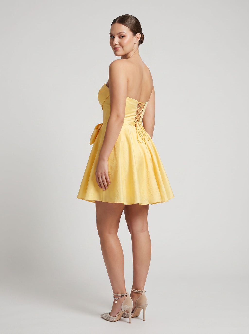 Lemon Satin A-Line Sweetheart Lace-up Short Dress with Front Bow