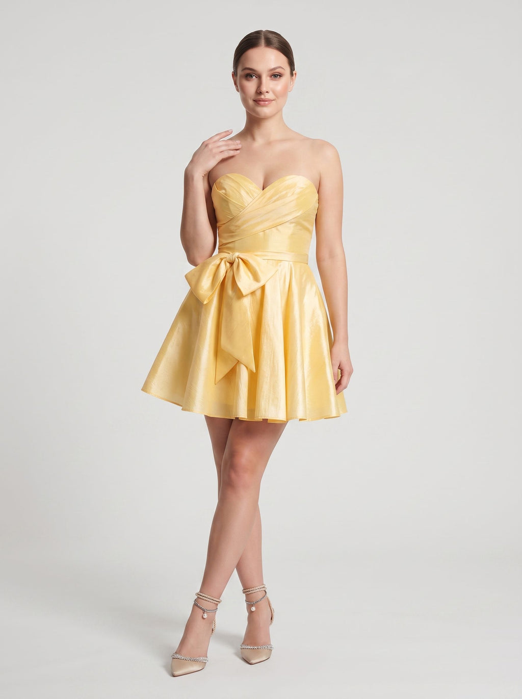 Lemon Satin A-Line Sweetheart Lace-up Short Dress with Front Bow