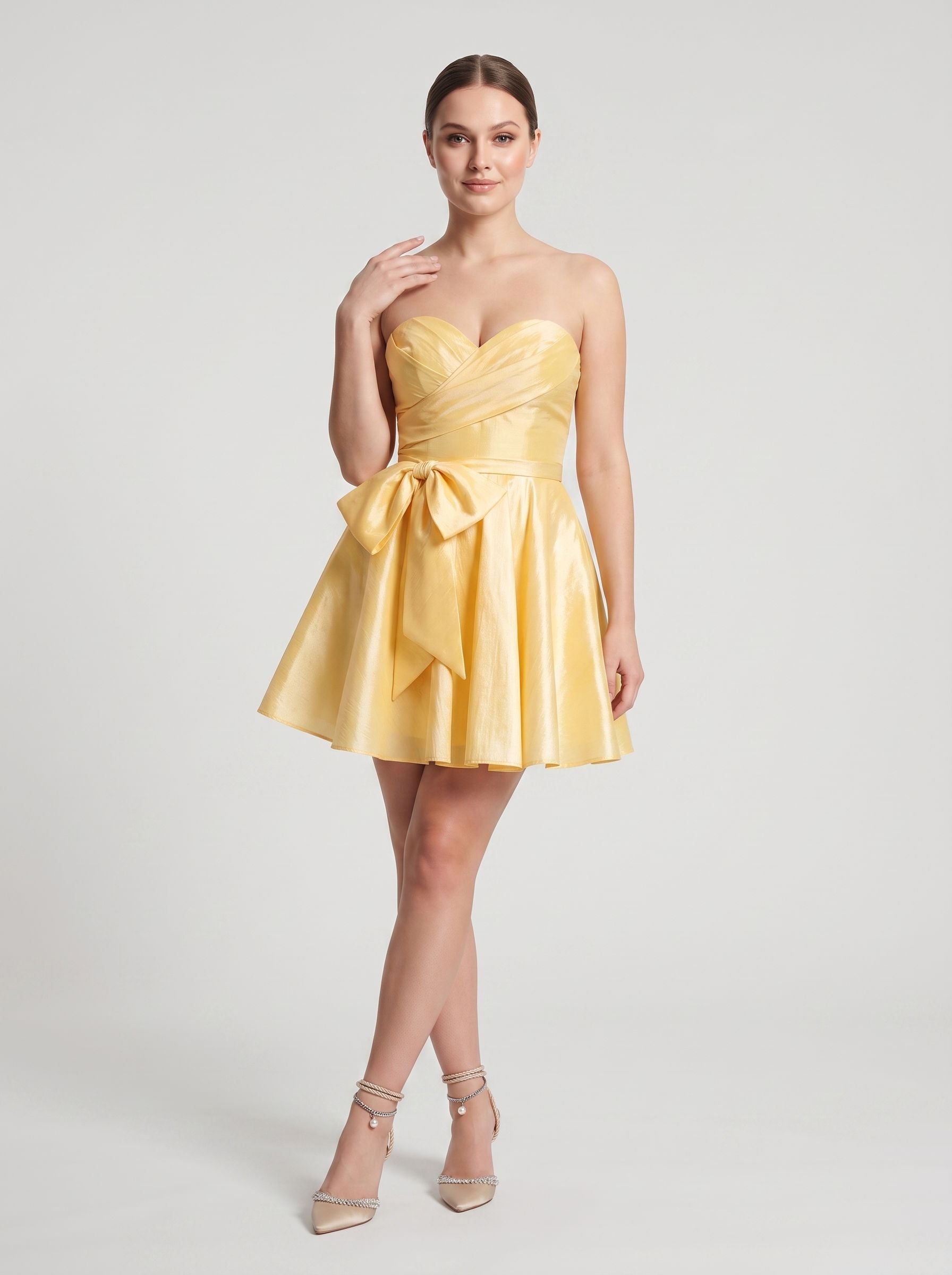 Lemon Satin A-Line Sweetheart Lace-up Short Dress with Front Bow