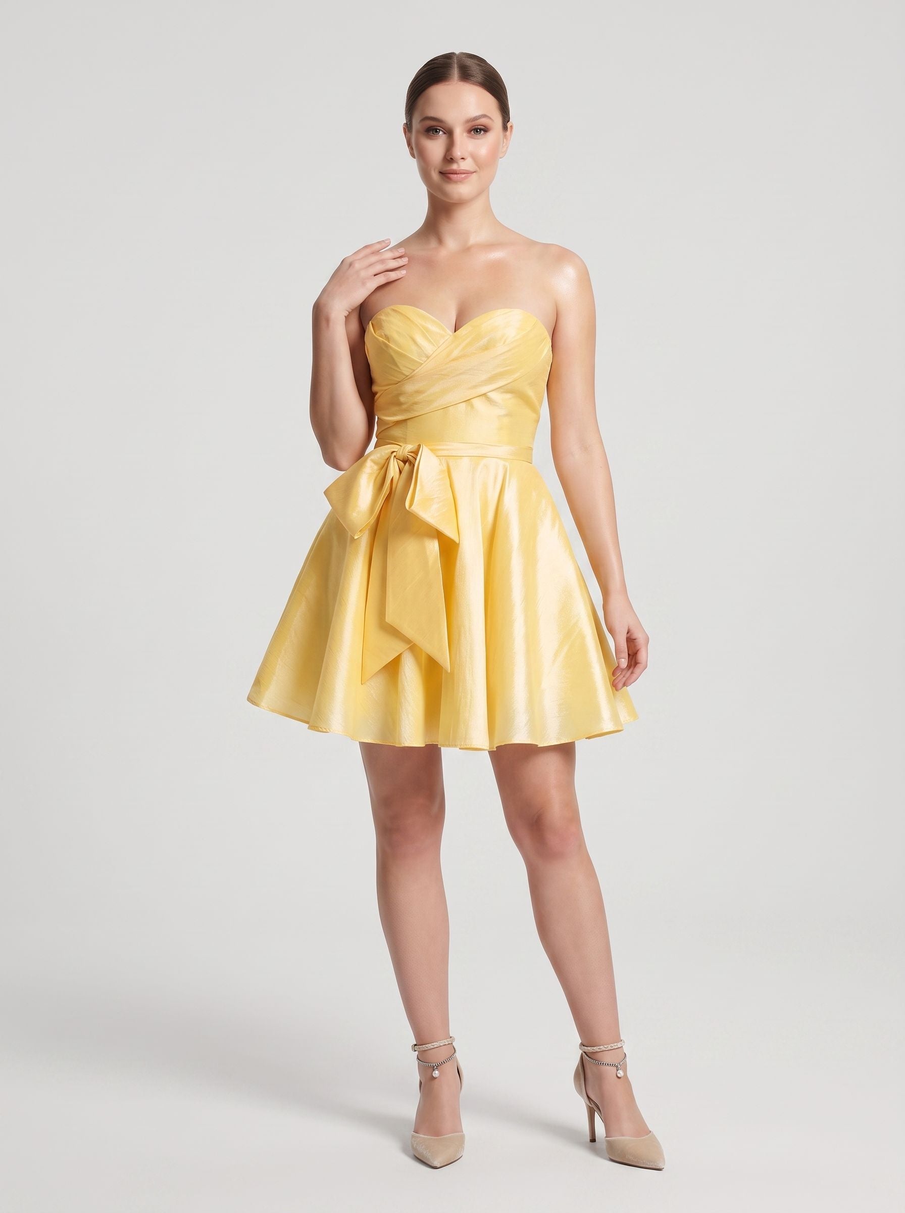 Lemon Satin A-Line Sweetheart Lace-up Short Dress with Front Bow