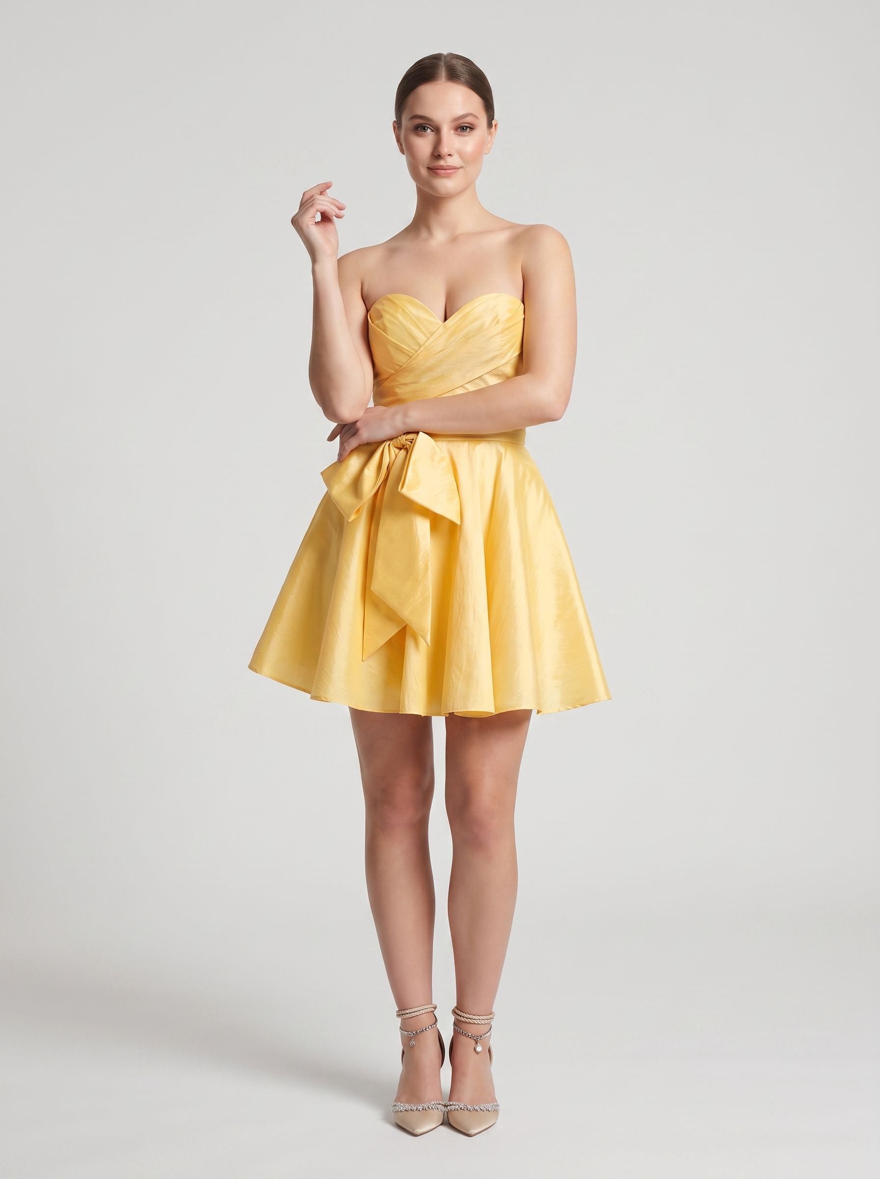 Lemon Satin A-Line Sweetheart Lace-up Short Dress with Front Bow