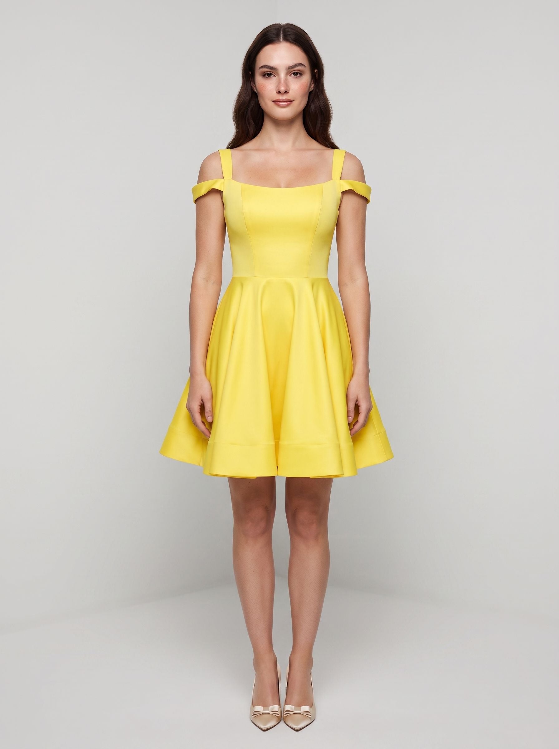 Lemon Satin A-Line Off-the-Shoulder Backless Short Dress with Pleated Bodice