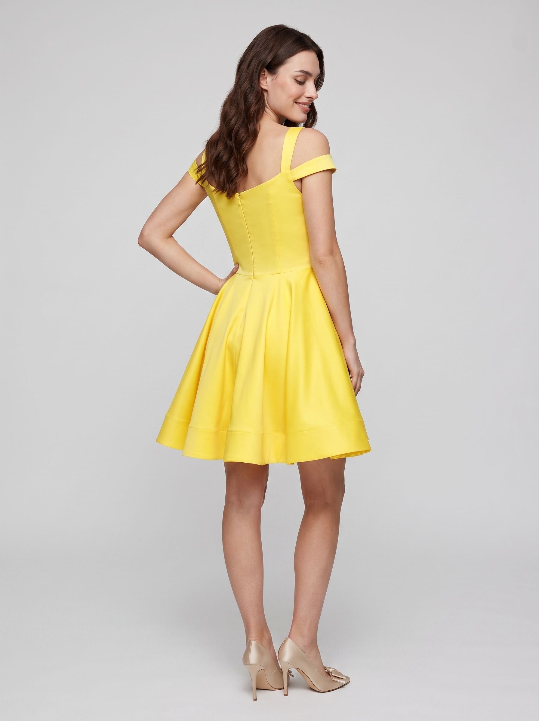 Lemon Satin A-Line Off-the-Shoulder Backless Short Dress with Pleated Bodice