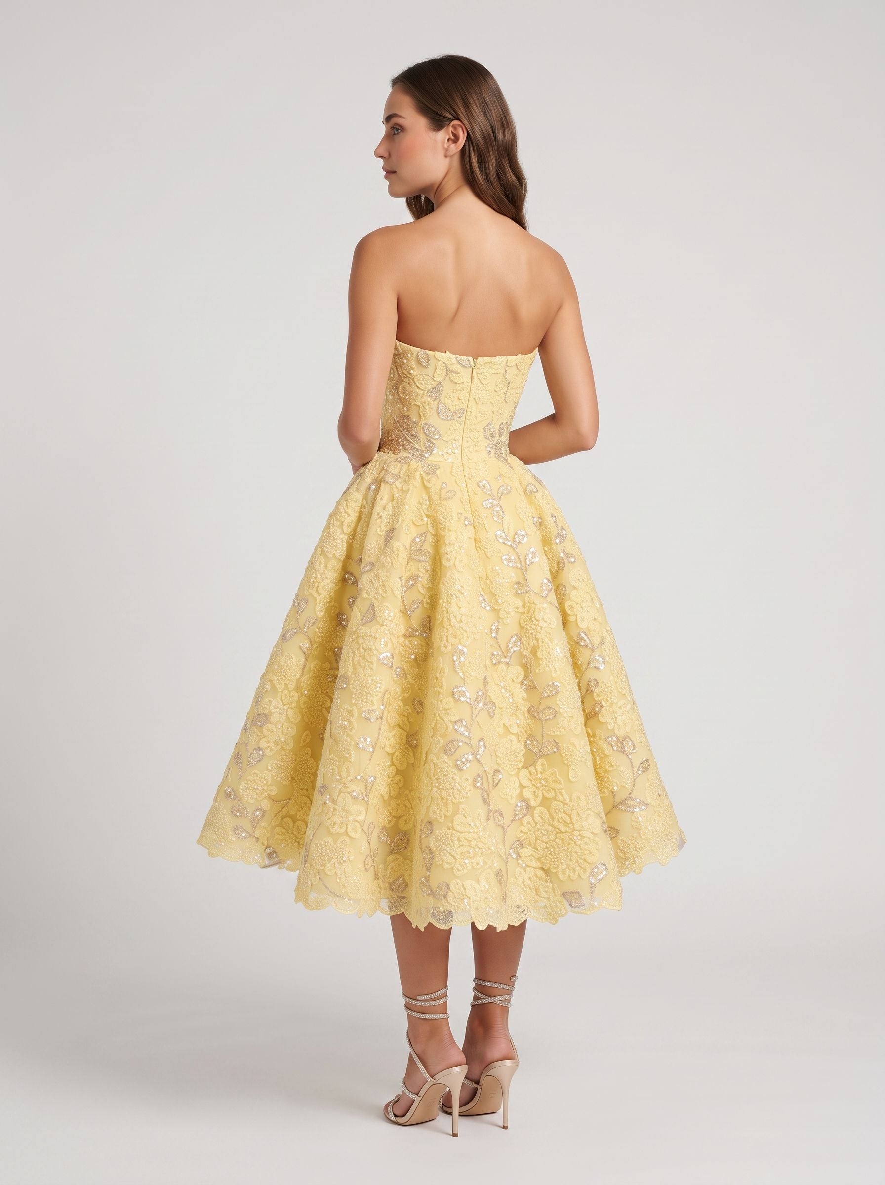 Daffodil Satin A-Line Straight Neck Back Zip Tea-Length Dress with Beaded Bodice