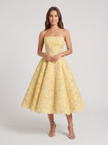 Daffodil Satin A-Line Straight Neck Back Zip Tea-Length Dress with Beaded Bodice