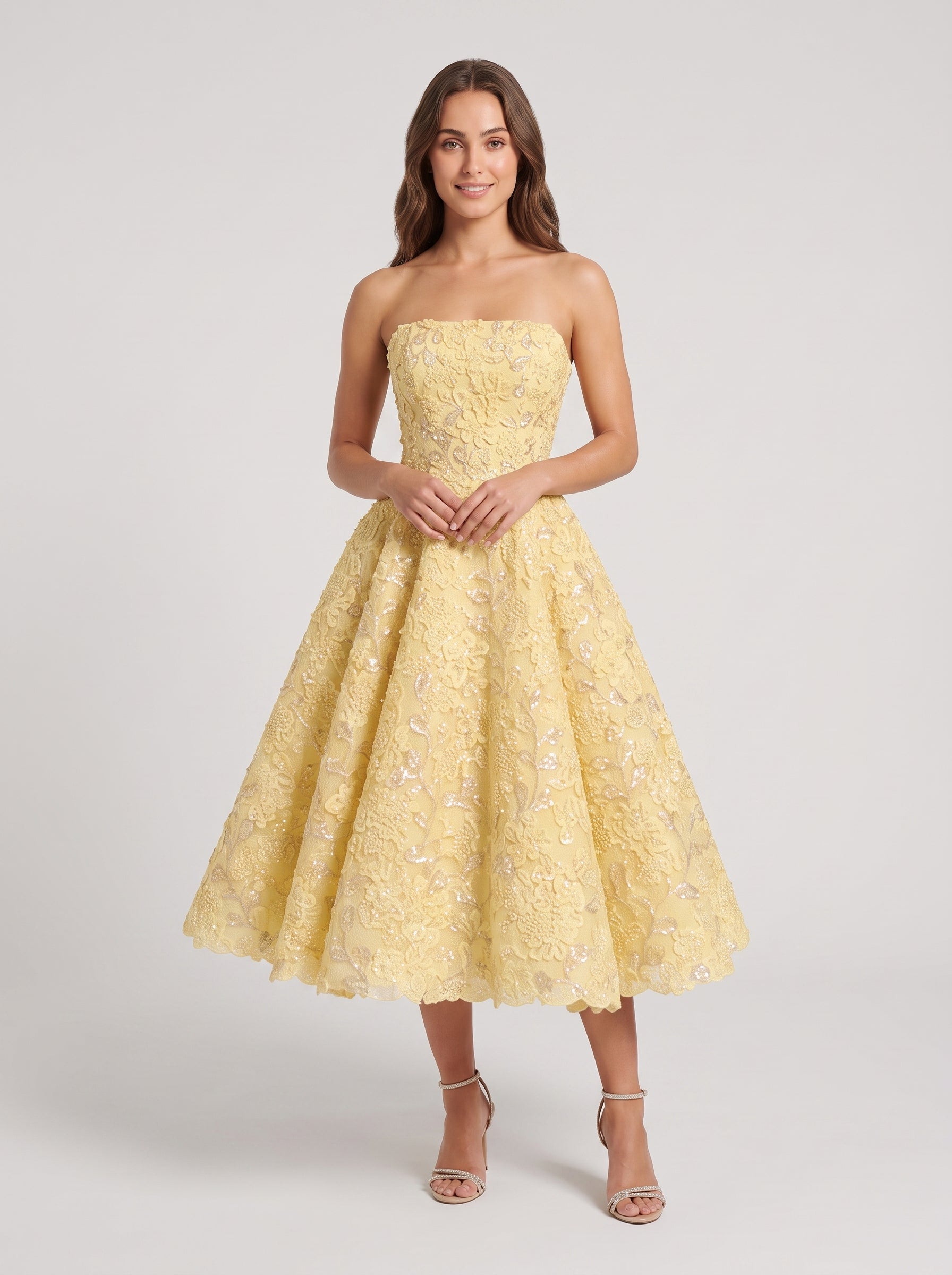 Daffodil Satin A-Line Straight Neck Back Zip Tea-Length Dress with Beaded Bodice
