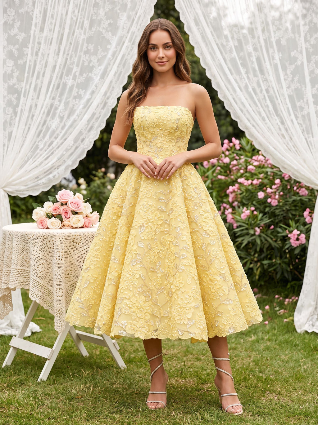 Daffodil Satin A-Line Straight Neck Back Zip Tea-Length Dress with Beaded Bodice