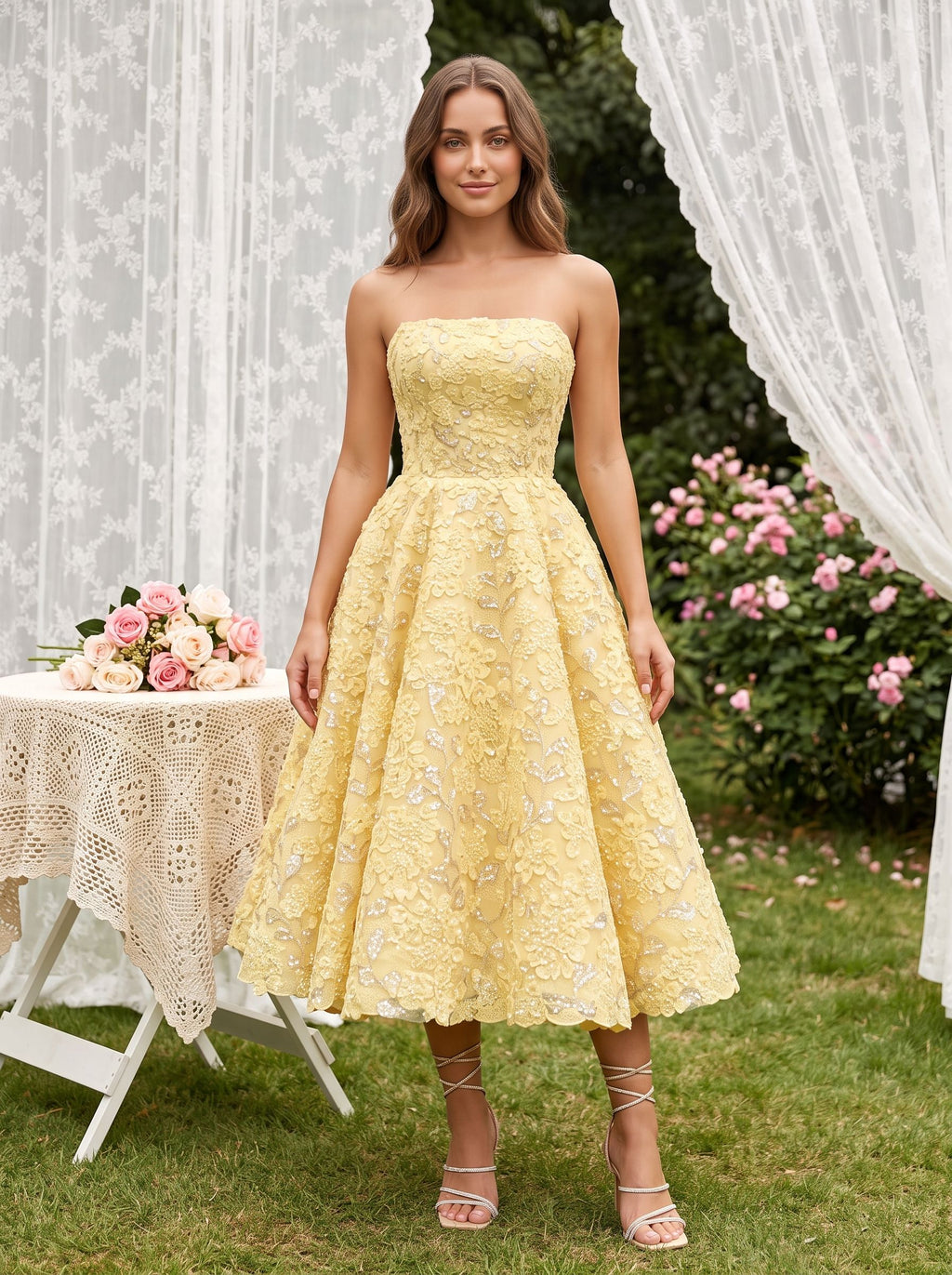 Daffodil Satin A-Line Straight Neck Back Zip Tea-Length Dress with Beaded Bodice