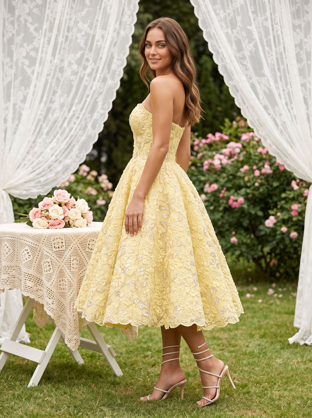 Daffodil Satin A-Line Straight Neck Back Zip Tea-Length Dress with Beaded Bodice