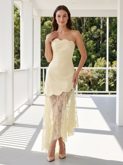 Butter Satin A-Line Straight Neck Side Zip Floor-Length Dress with Lace Godet Skirt