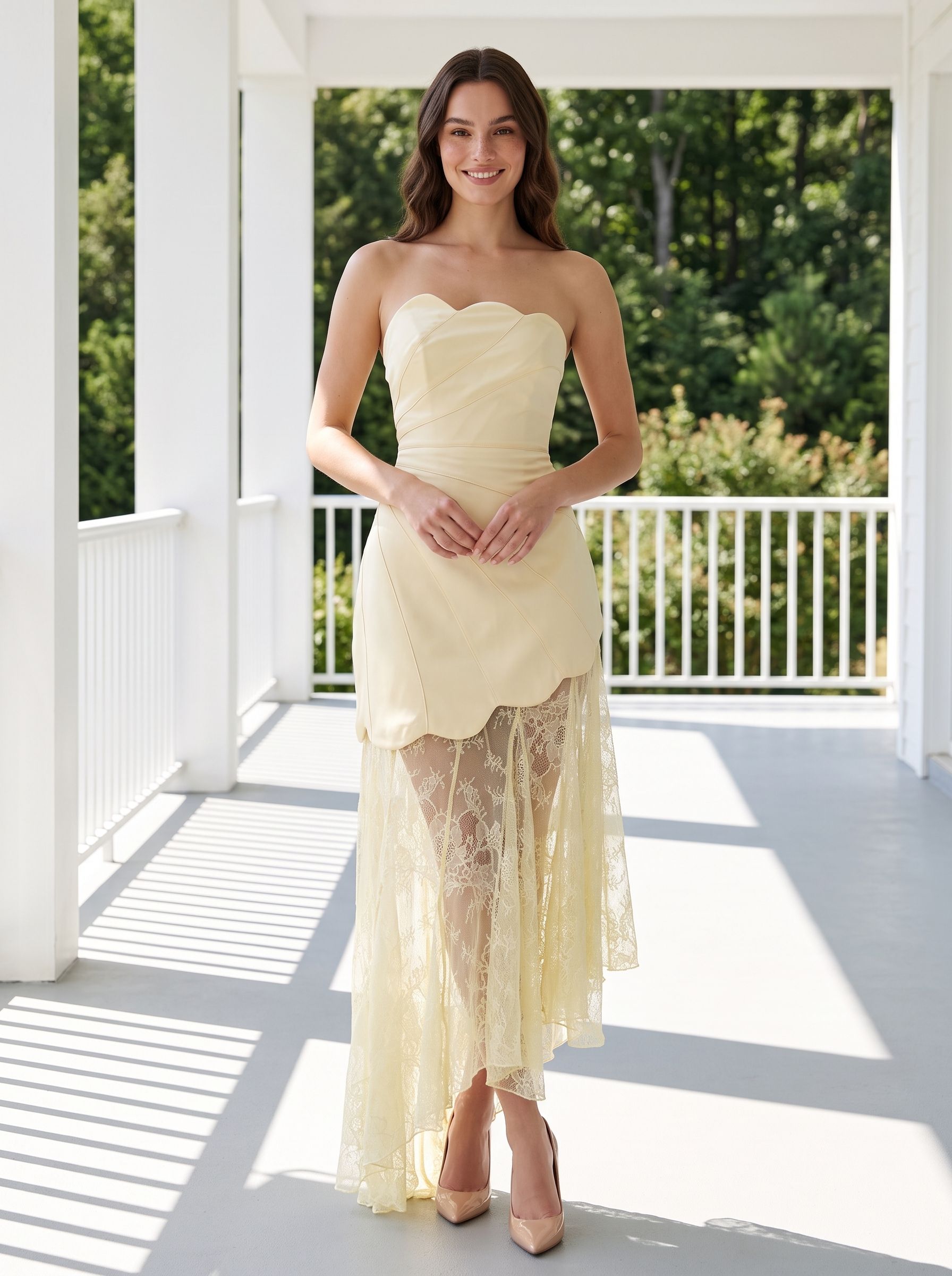 Butter Satin A-Line Straight Neck Side Zip Floor-Length Dress with Lace Godet Skirt