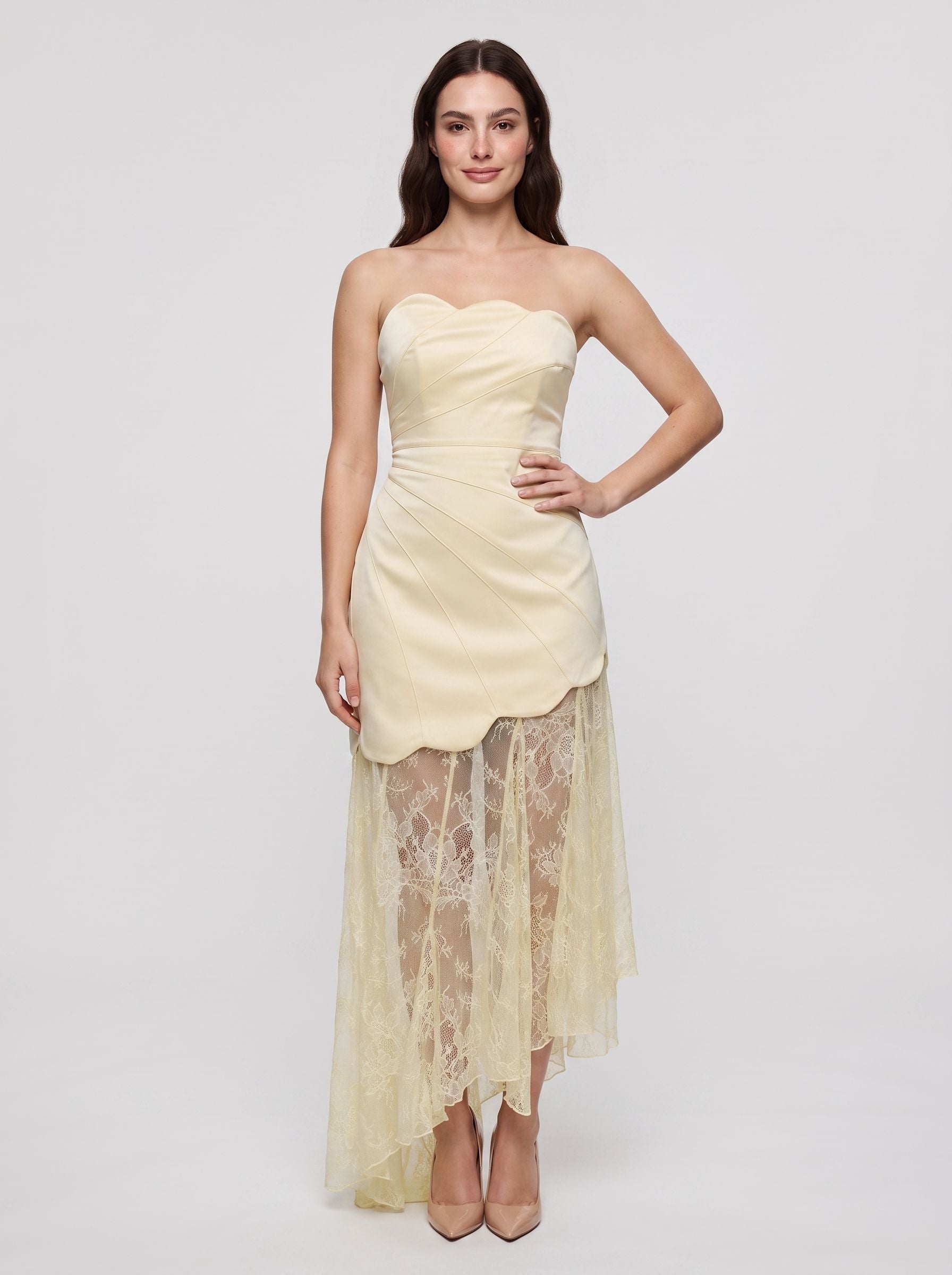 Butter Satin A-Line Straight Neck Side Zip Floor-Length Dress with Lace Godet Skirt