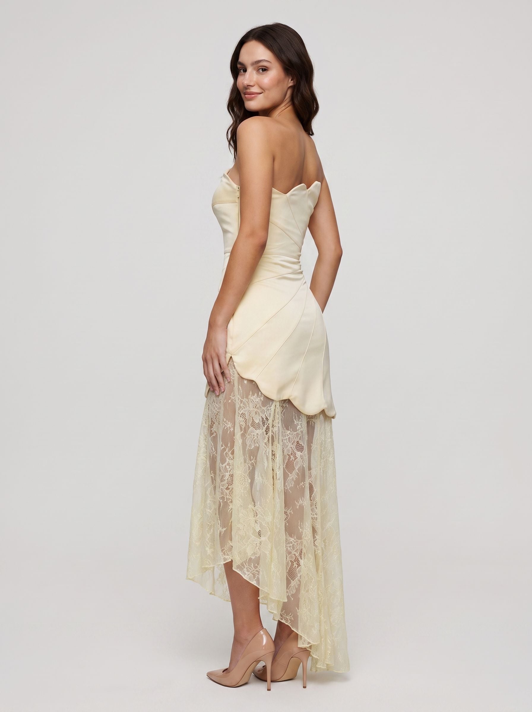Butter Satin A-Line Straight Neck Side Zip Floor-Length Dress with Lace Godet Skirt
