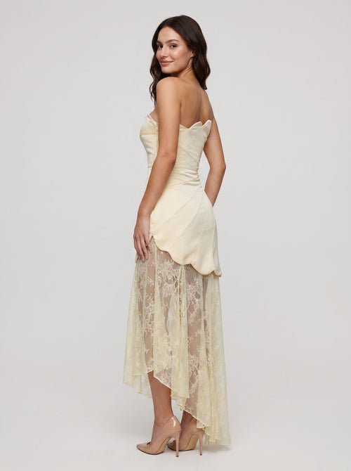 Butter Satin A-Line Straight Neck Side Zip Floor-Length Dress with Lace Godet Skirt