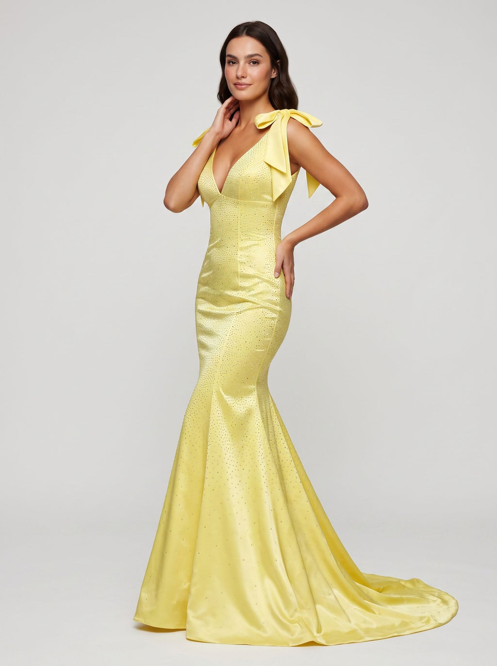 Lemon Satin Mermaid V-Neck Back Zip Floor-Length Dress with Beaded Bow