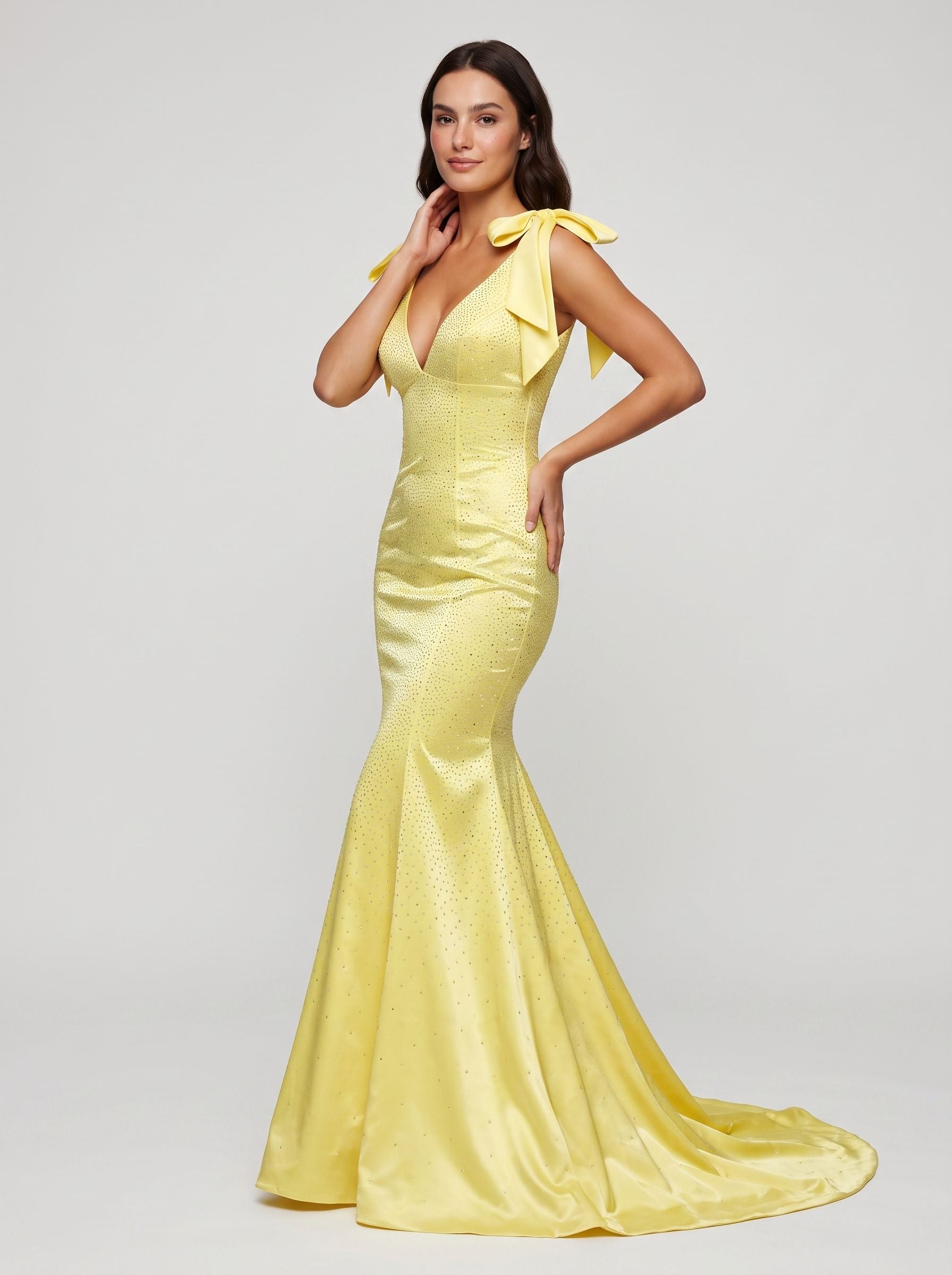 Lemon Satin Mermaid V-Neck Back Zip Floor-Length Dress with Beaded Bow