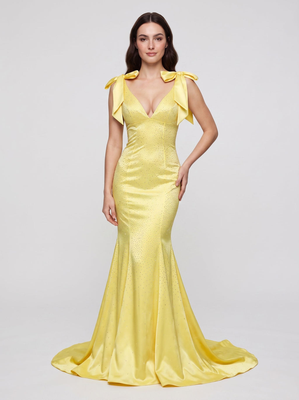 Lemon Satin Mermaid V-Neck Back Zip Floor-Length Dress with Beaded Bow