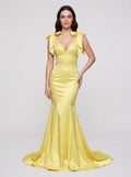Lemon Satin Mermaid V-Neck Back Zip Floor-Length Dress with Beaded Bow
