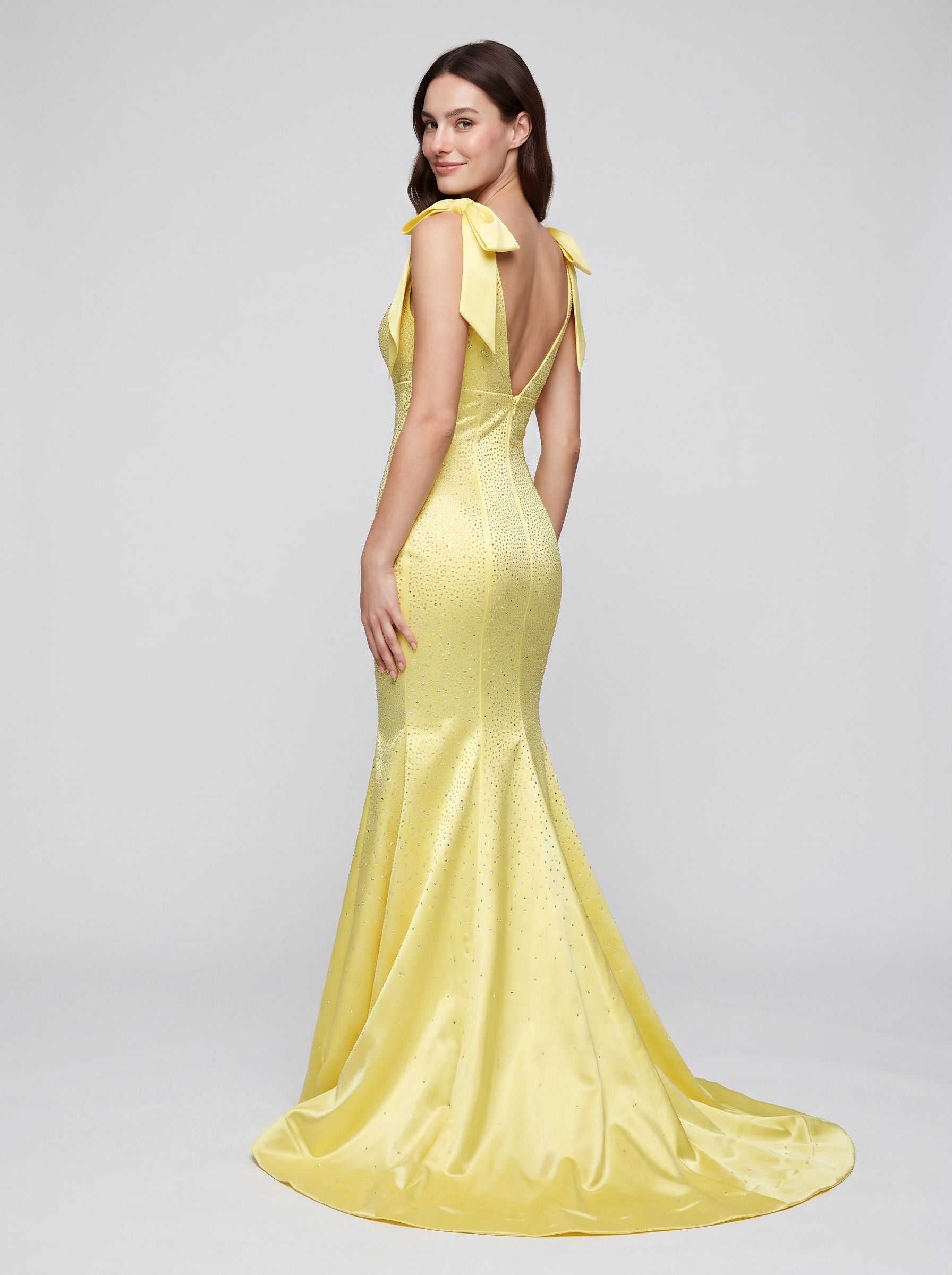 Lemon Satin Mermaid V-Neck Back Zip Floor-Length Dress with Beaded Bow
