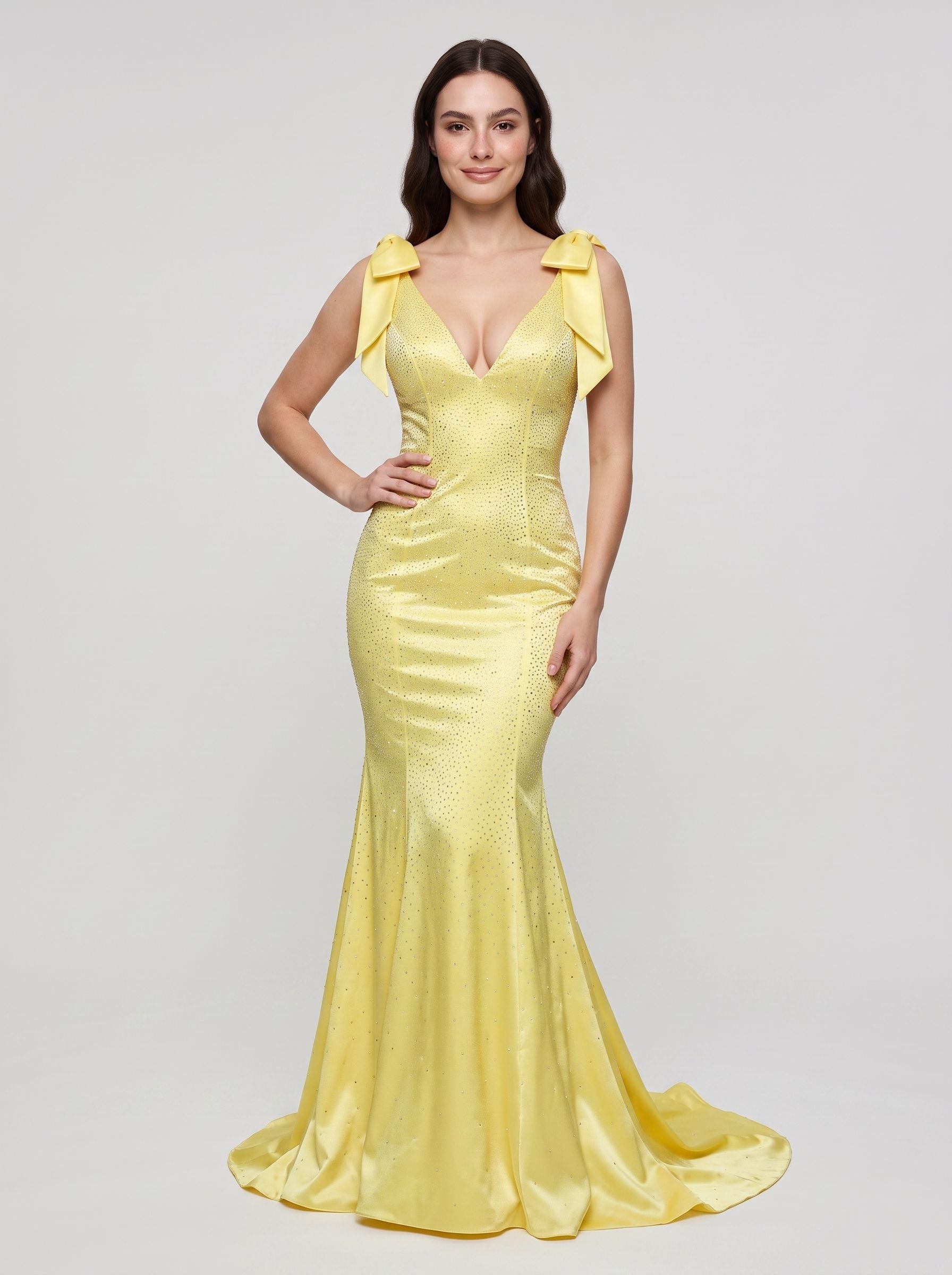 Lemon Satin Mermaid V-Neck Back Zip Floor-Length Dress with Beaded Bow