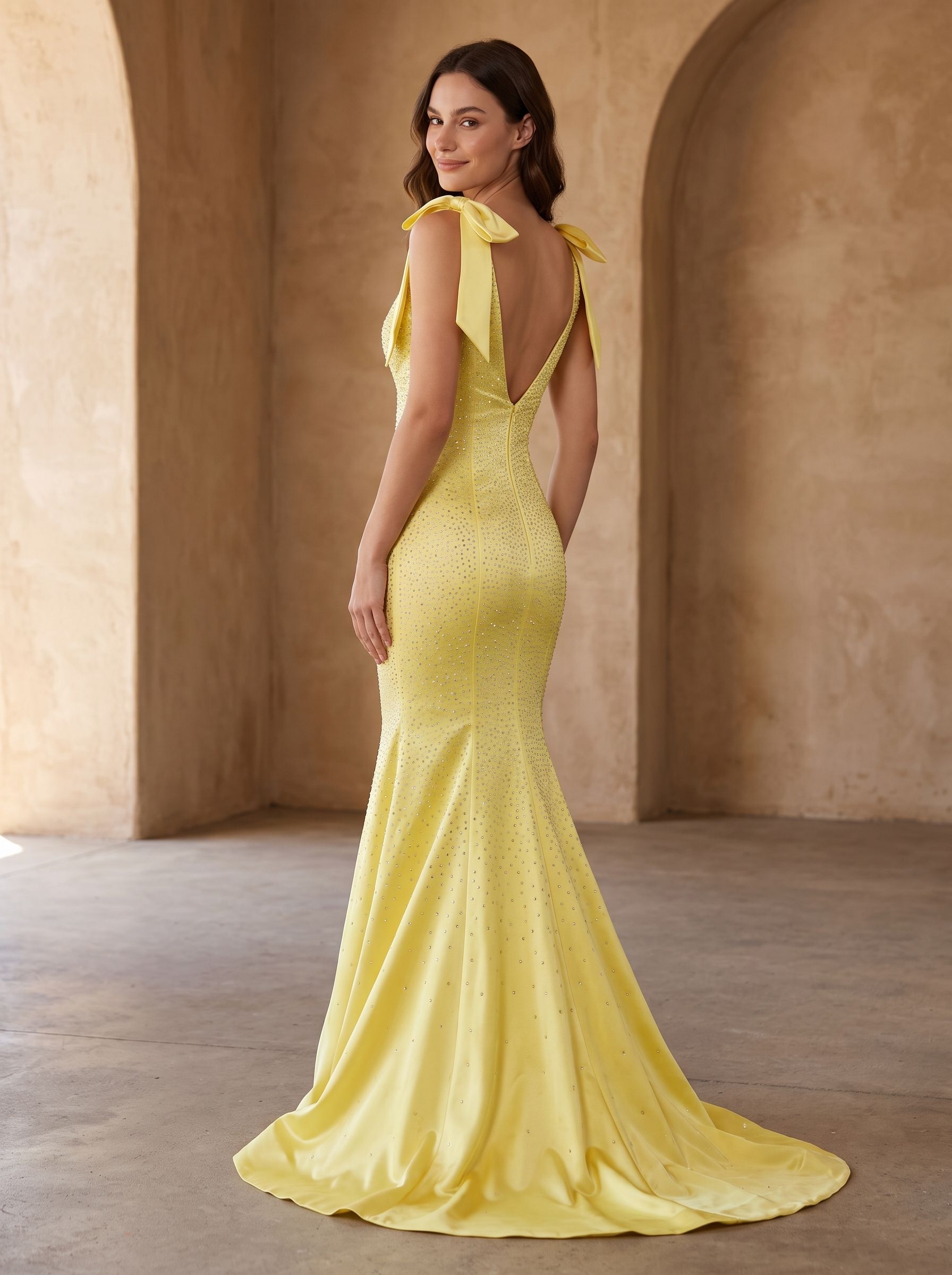 Lemon Satin Mermaid V-Neck Back Zip Floor-Length Dress with Beaded Bow
