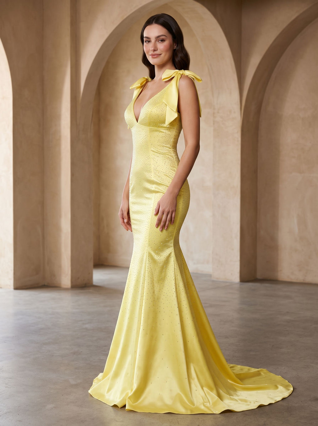 Lemon Satin Mermaid V-Neck Back Zip Floor-Length Dress with Beaded Bow