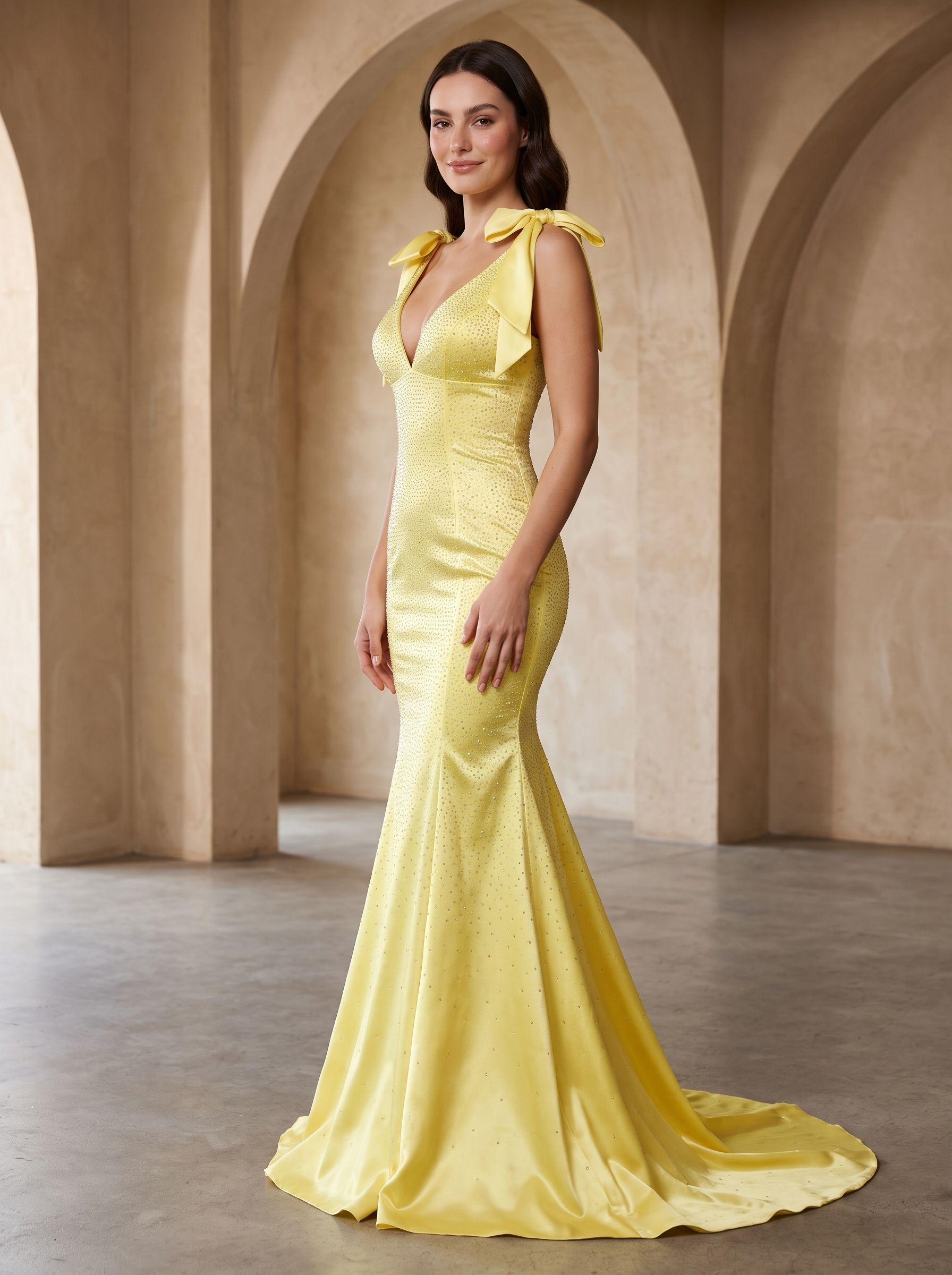 Lemon Satin Mermaid V-Neck Back Zip Floor-Length Dress with Beaded Bow