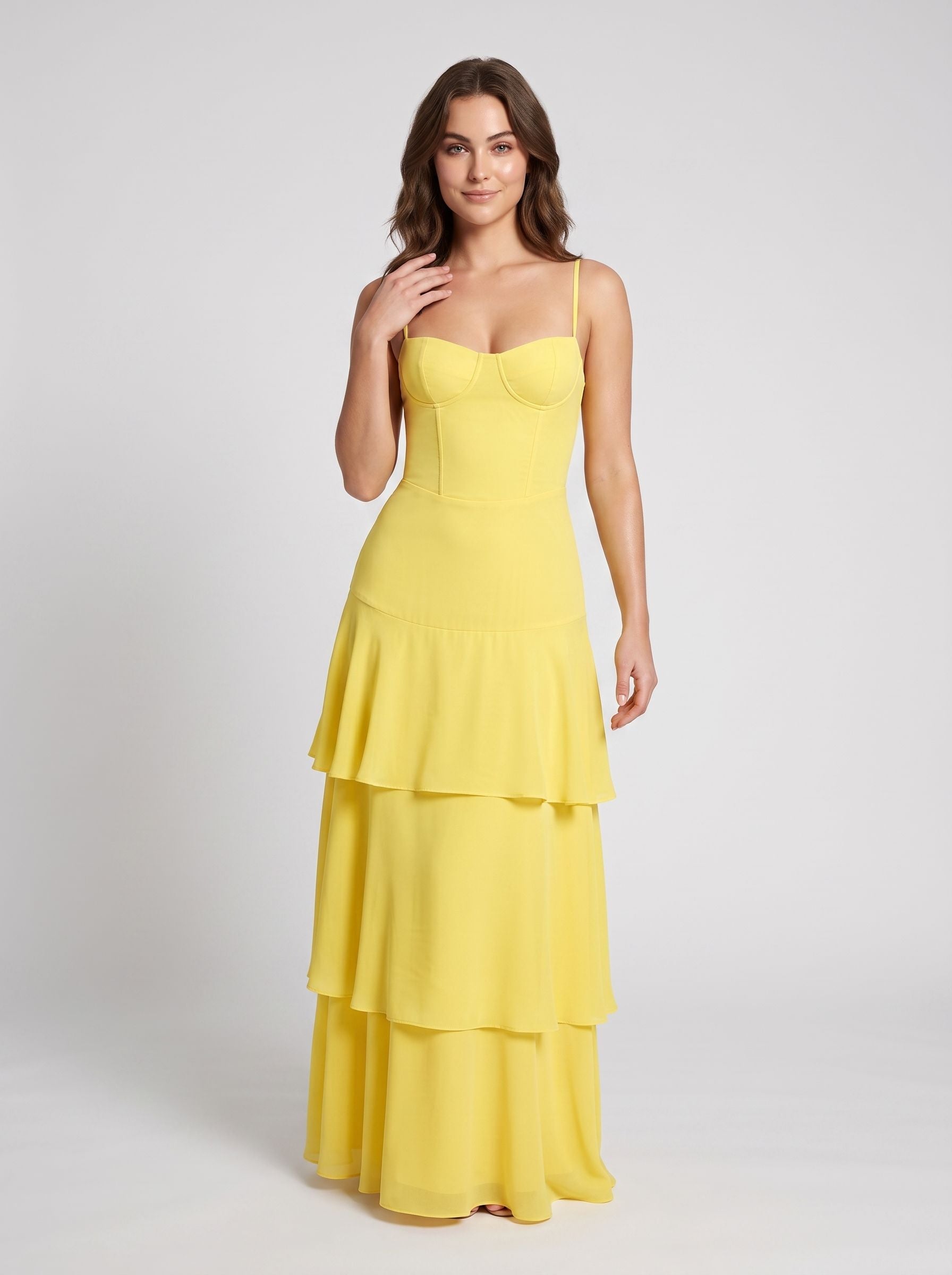 Lemon Satin Mermaid Sweetheart Back Zip Floor-Length Dress with Cascading Ruffles