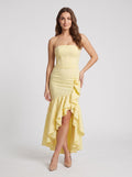 Daffodil Satin Sheath Straight Neck Side Zip Floor-Length Dress with Ruffles