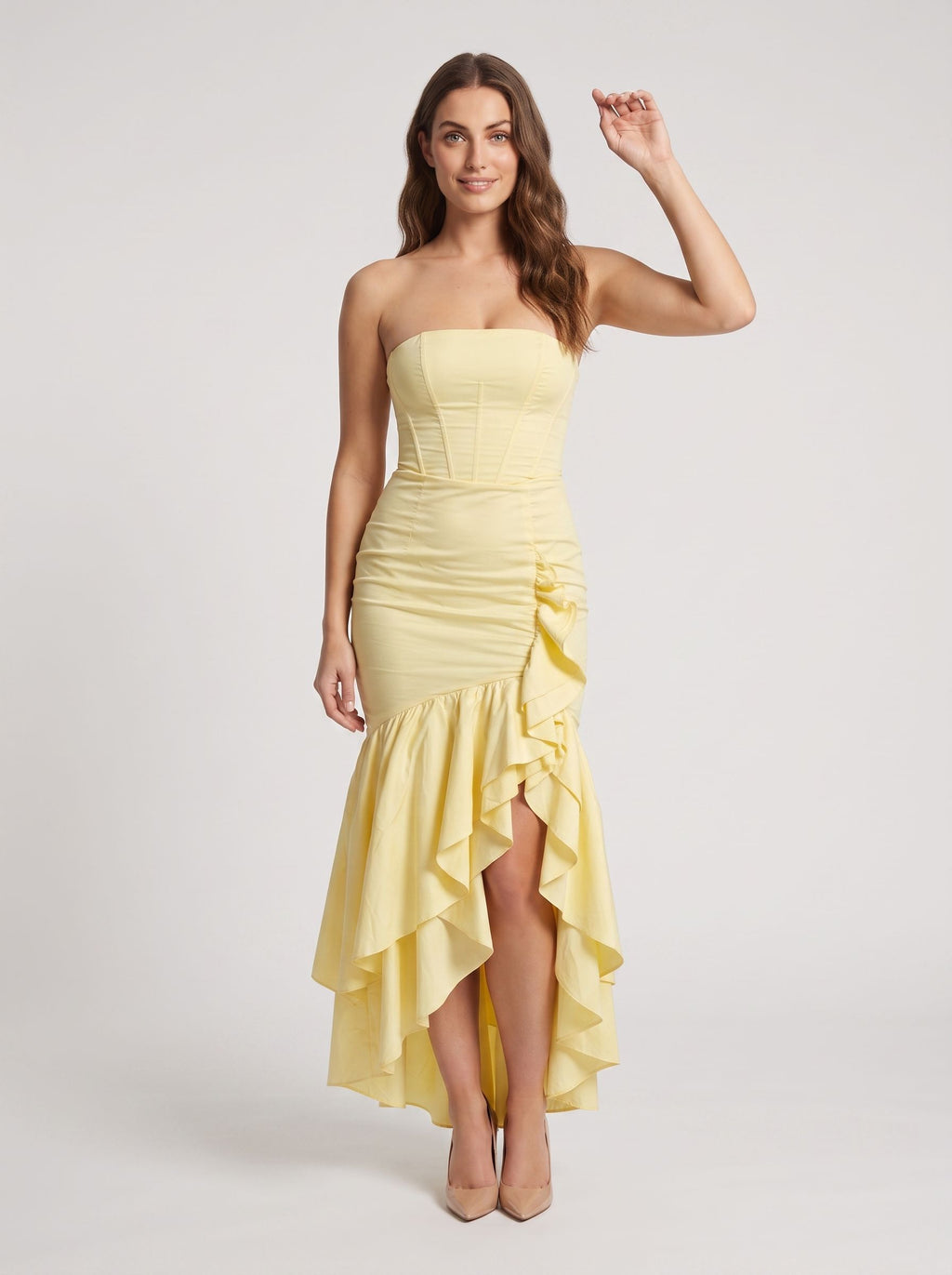 Daffodil Satin Sheath Straight Neck Side Zip Floor-Length Dress with Ruffles