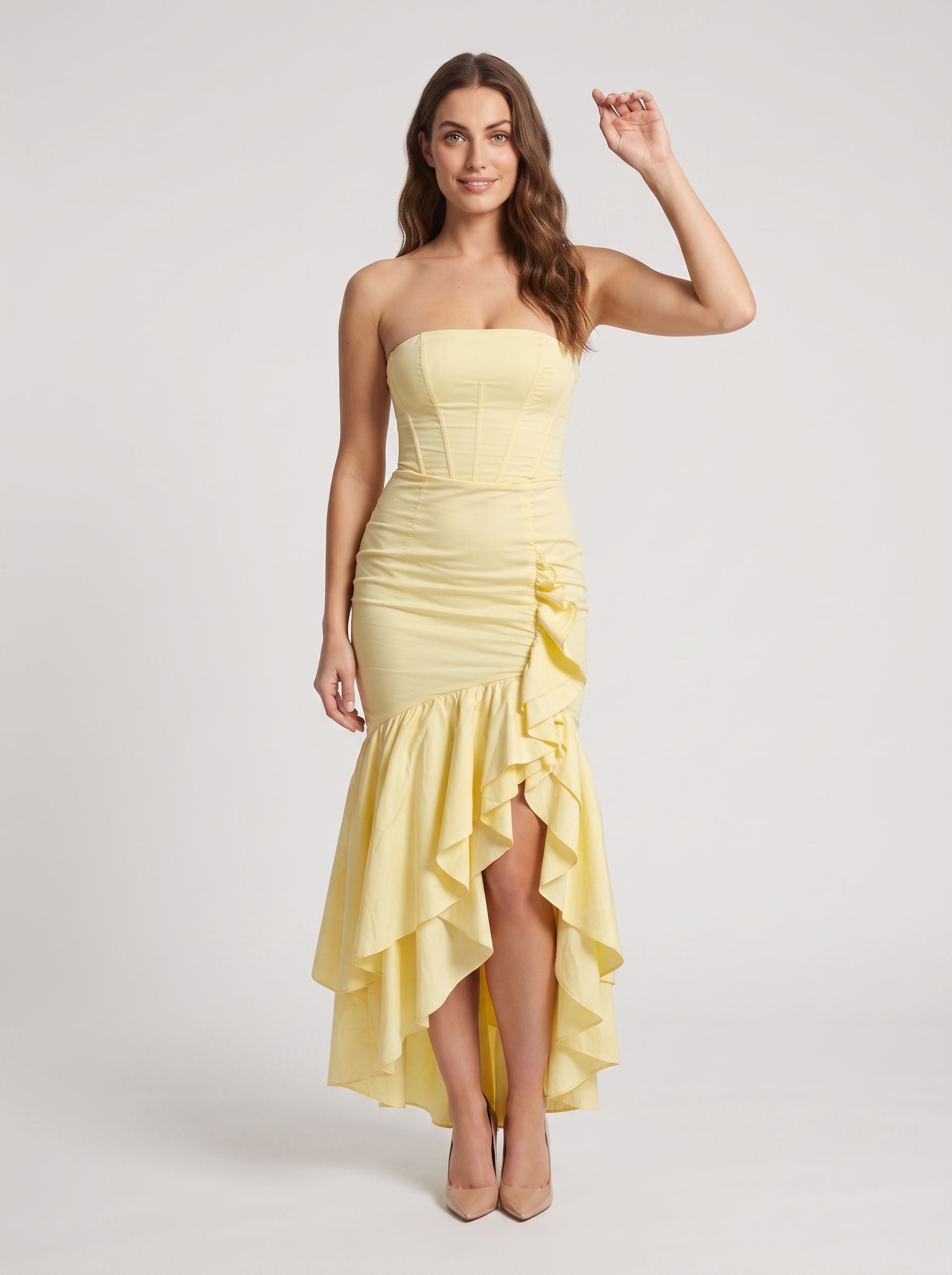 Daffodil Satin Sheath Straight Neck Side Zip Floor-Length Dress with Ruffles
