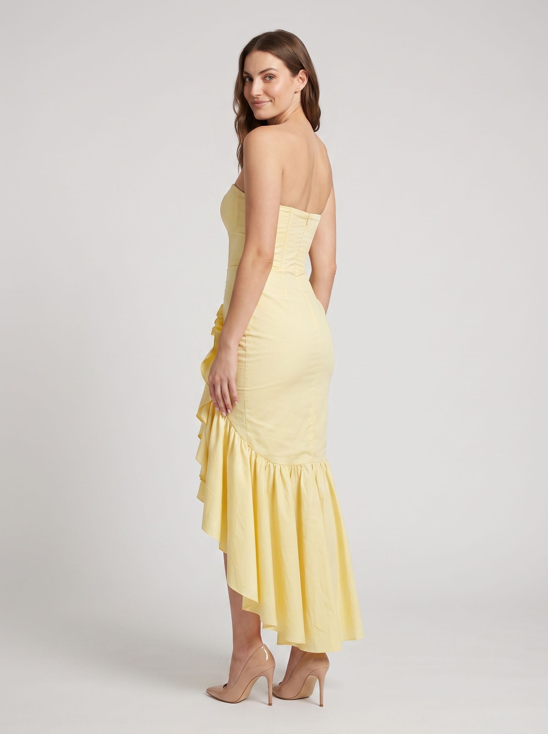 Daffodil Satin Sheath Straight Neck Side Zip Floor-Length Dress with Ruffles