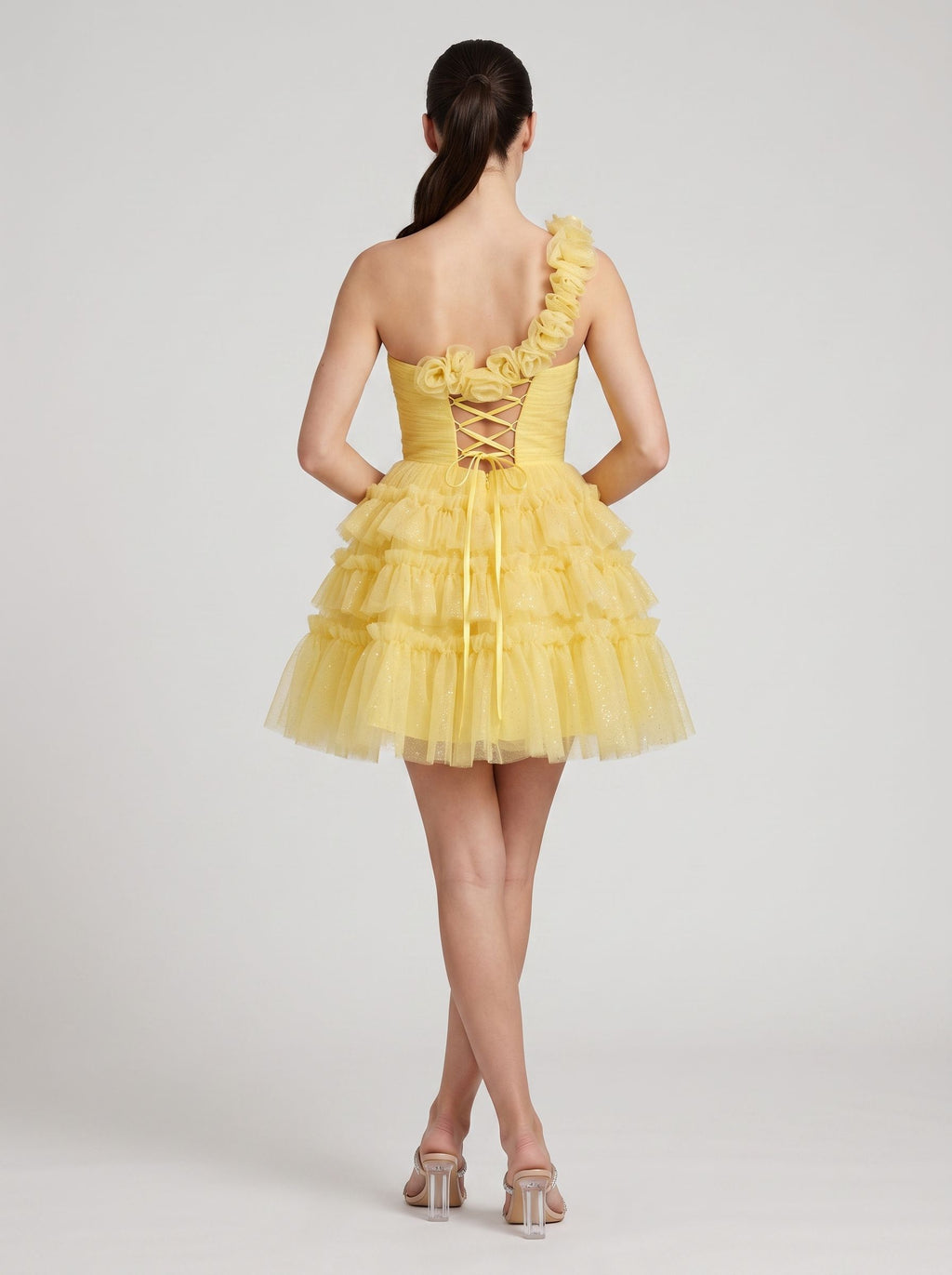 Lemon Tulle A-Line One Shoulder Lace-up Short Dress with Knotted Bodice and 3D Flower