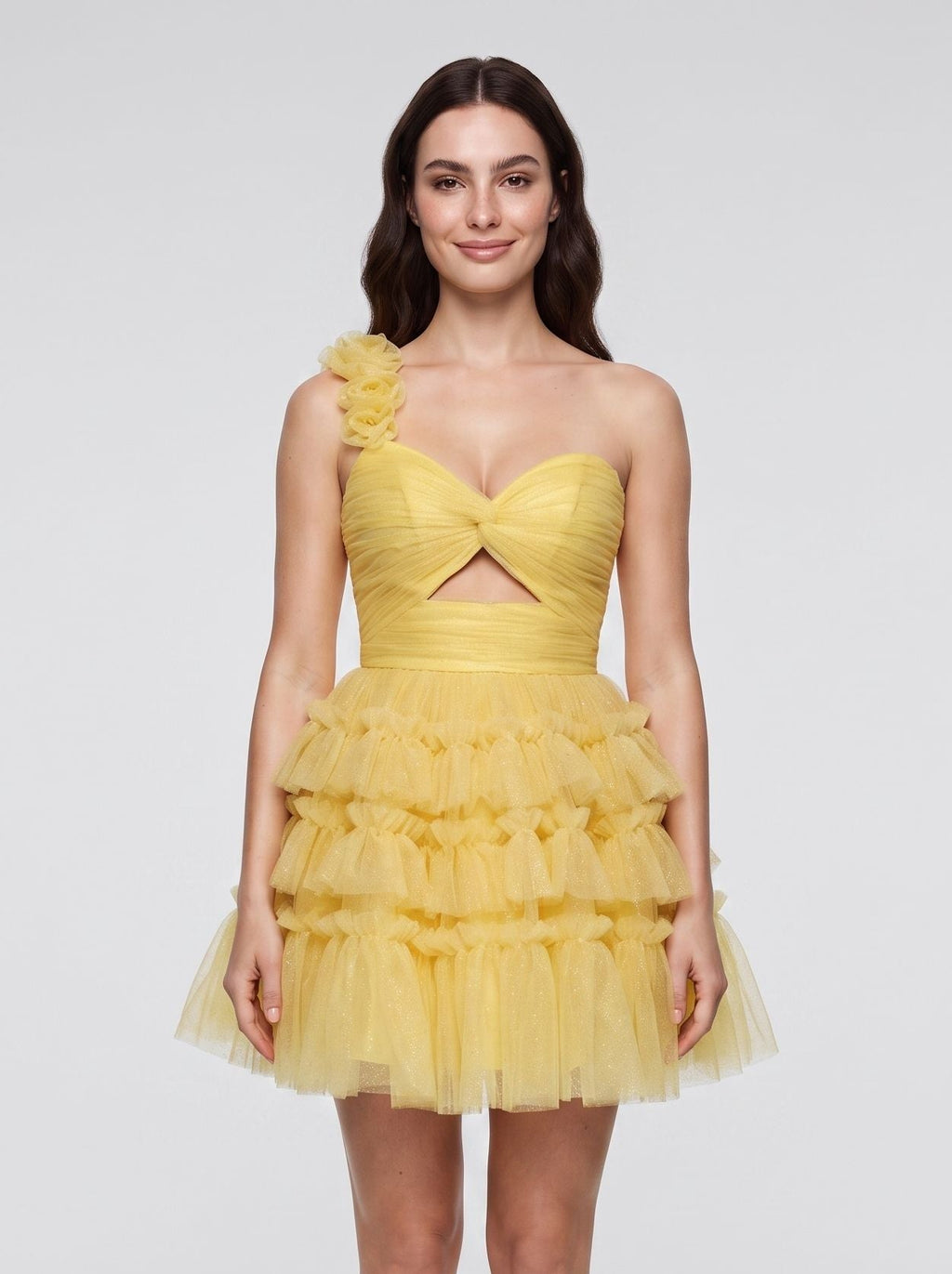 Lemon Tulle A-Line One Shoulder Lace-up Short Dress with Knotted Bodice and 3D Flower