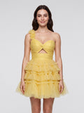 Lemon Tulle A-Line One Shoulder Lace-up Short Dress with Knotted Bodice and 3D Flower