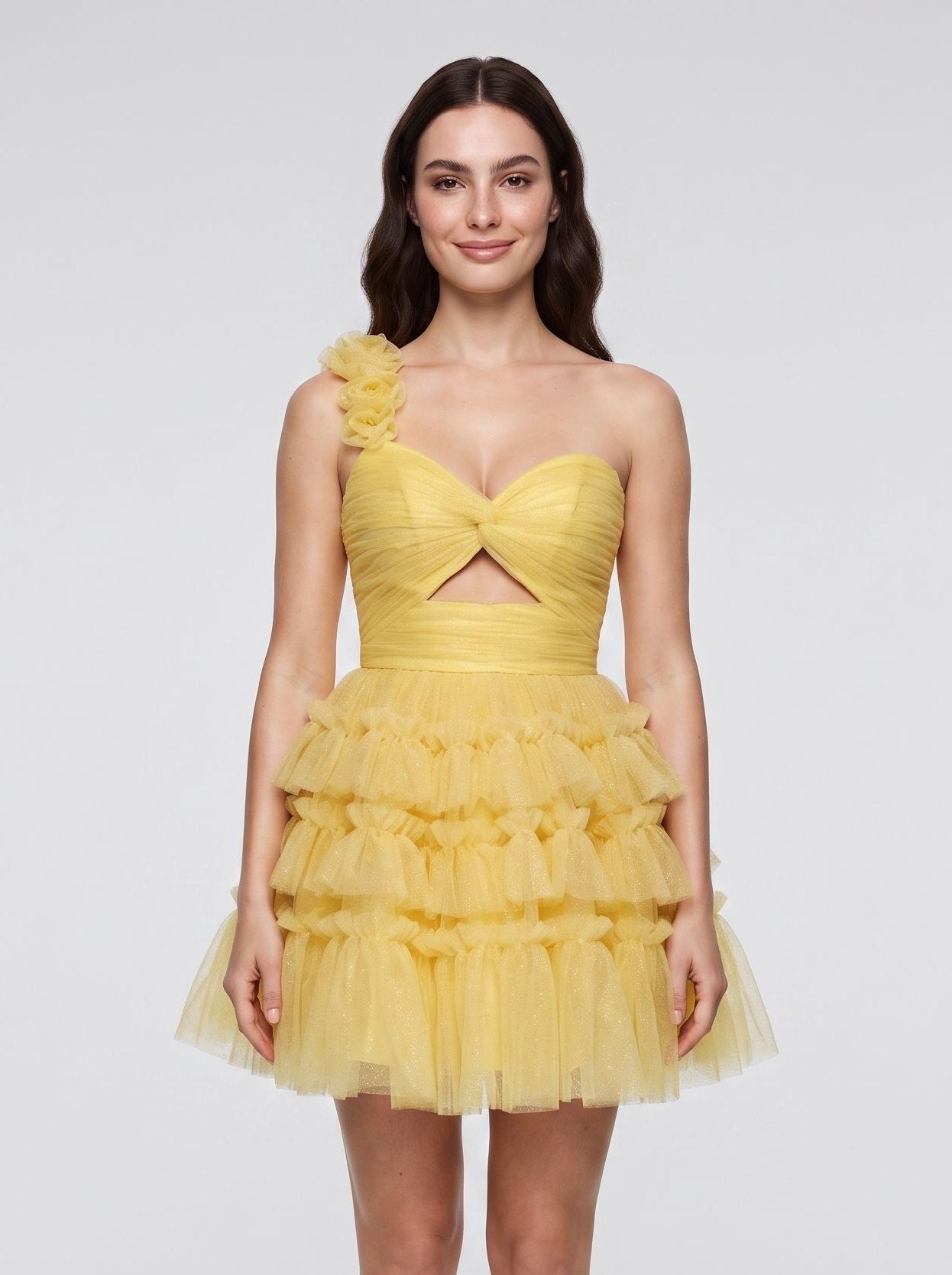 Lemon Tulle A-Line One Shoulder Lace-up Short Dress with Knotted Bodice and 3D Flower