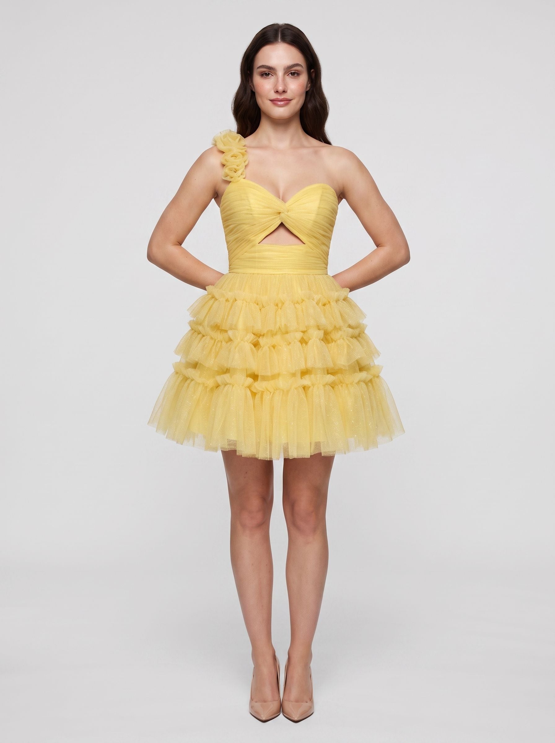 Lemon Tulle A-Line One Shoulder Lace-up Short Dress with Knotted Bodice and 3D Flower