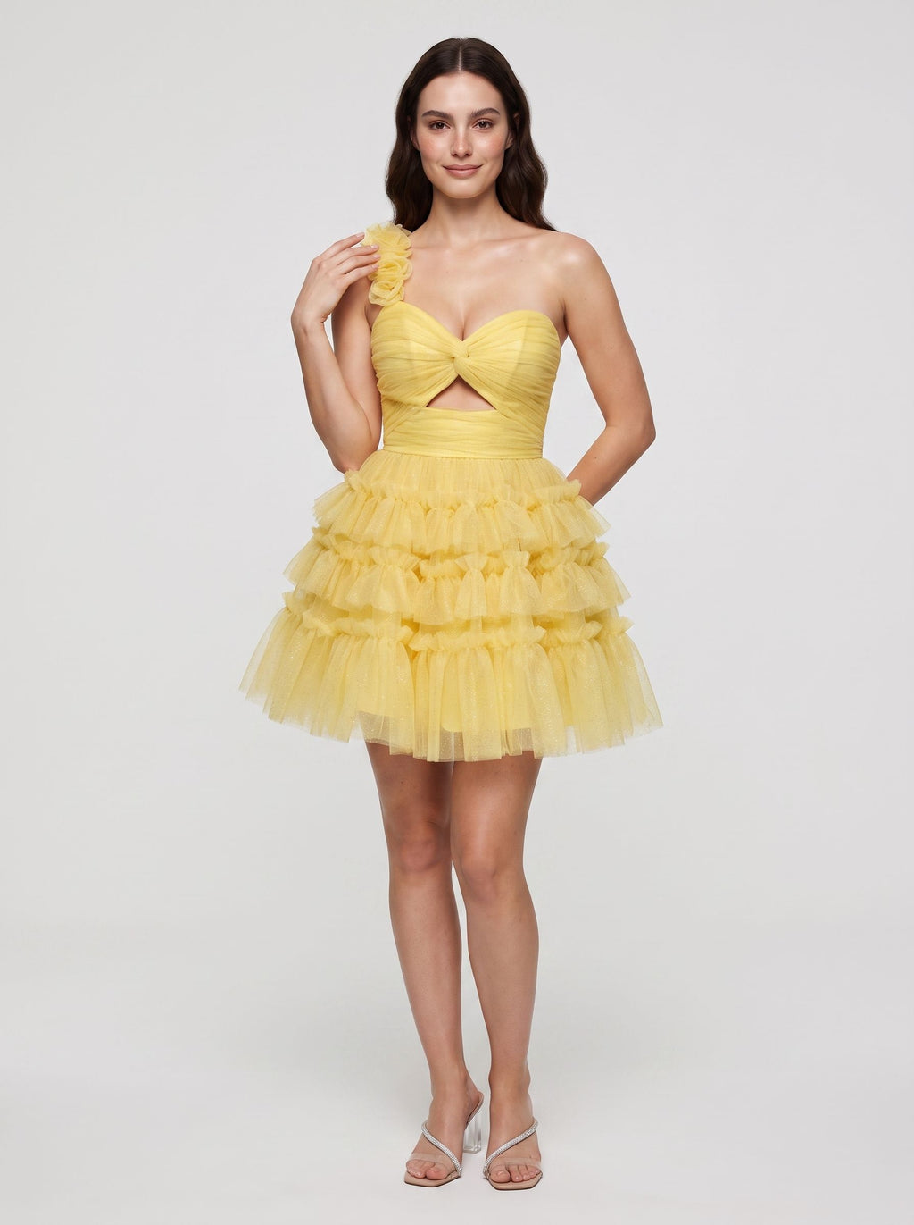 Lemon Tulle A-Line One Shoulder Lace-up Short Dress with Knotted Bodice and 3D Flower